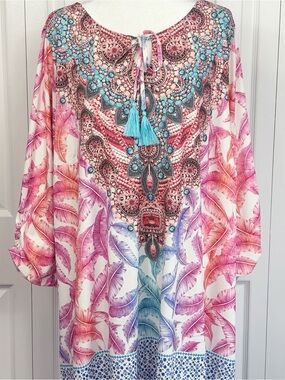 NWT Avenue Colorful Ombre Feather Boho Print Ruched Sleeve Tunic Top 26/28
